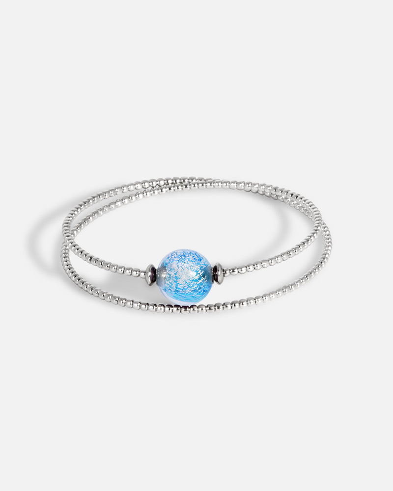 Liliflo_bijoux modulables swiss made_bracelet Milonga en double tour_couleur naturel avec un Murano Zenith de couleur bleu aqua avec feuille d’argent