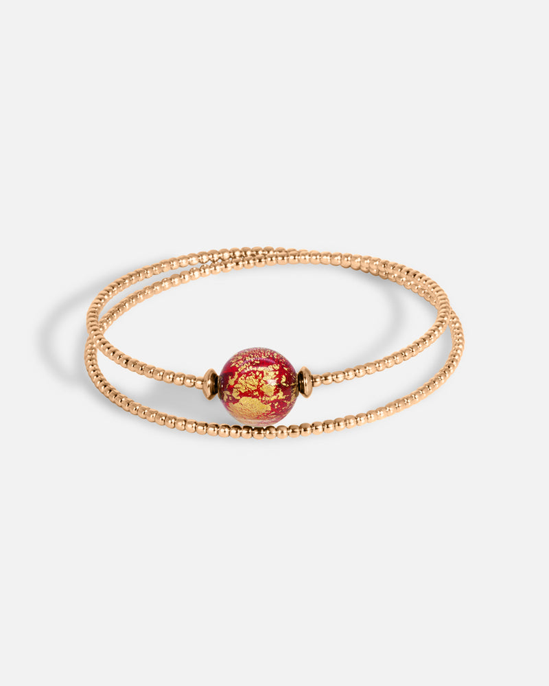 Liliflo_Schmuck modular swiss made_Doppeltouriges Milonga Armband_Farbe rosa mit einer Murano Dämmerung in rot mit Blattgold