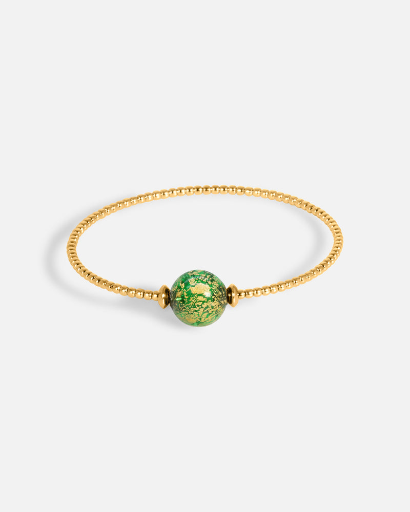 Liliflo_Schmuckbausteine swiss made_Milonga Armband in Einfache Windung_Farbe Gelbgold mit einem Murano Boreal in der Farbe Grün mit Blattgold