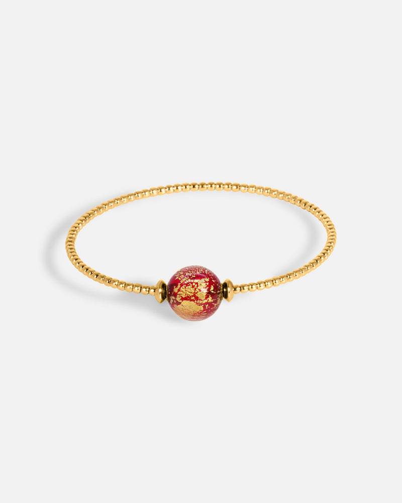 Liliflo_bijoux modulables swiss made_bracelet Milonga en simple tour_couleur or jaune avec un Murano Crépuscule de couleur rouge avec feuille d’or