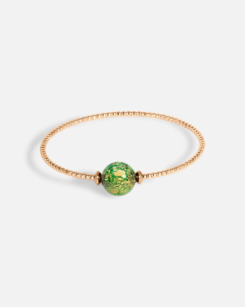 Liliflo_Schmuckbausteine swiss made_Milonga Armband in Einfache Windung_Farbe rosa mit einem Murano Boreale in grün mit Blattgold
