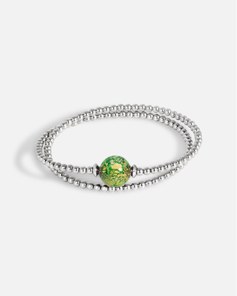 Liliflo_Schmuck, modular, swiss made_Tango-Armband in Doppeltour_Naturfarbe mit einem Murano Boreal in Grün mit Blattgold