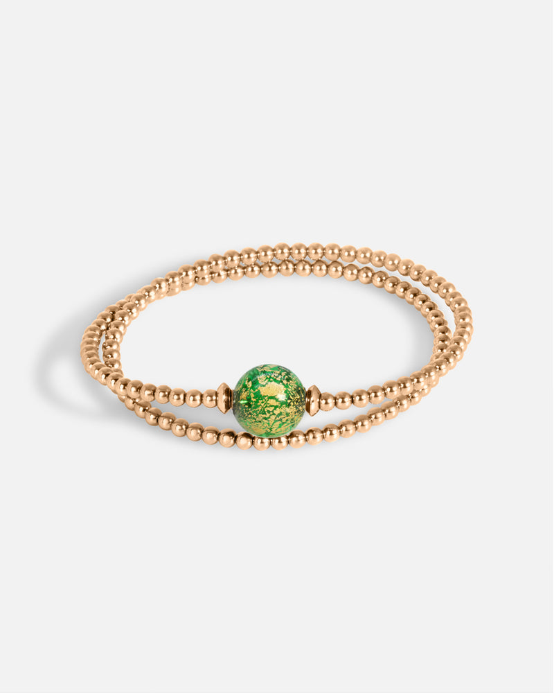 Liliflo_bijoux modulables swiss made_bracelet tango en double tour_couleur rose avec un Murano Boréale de couleur vert avec feuille d’or