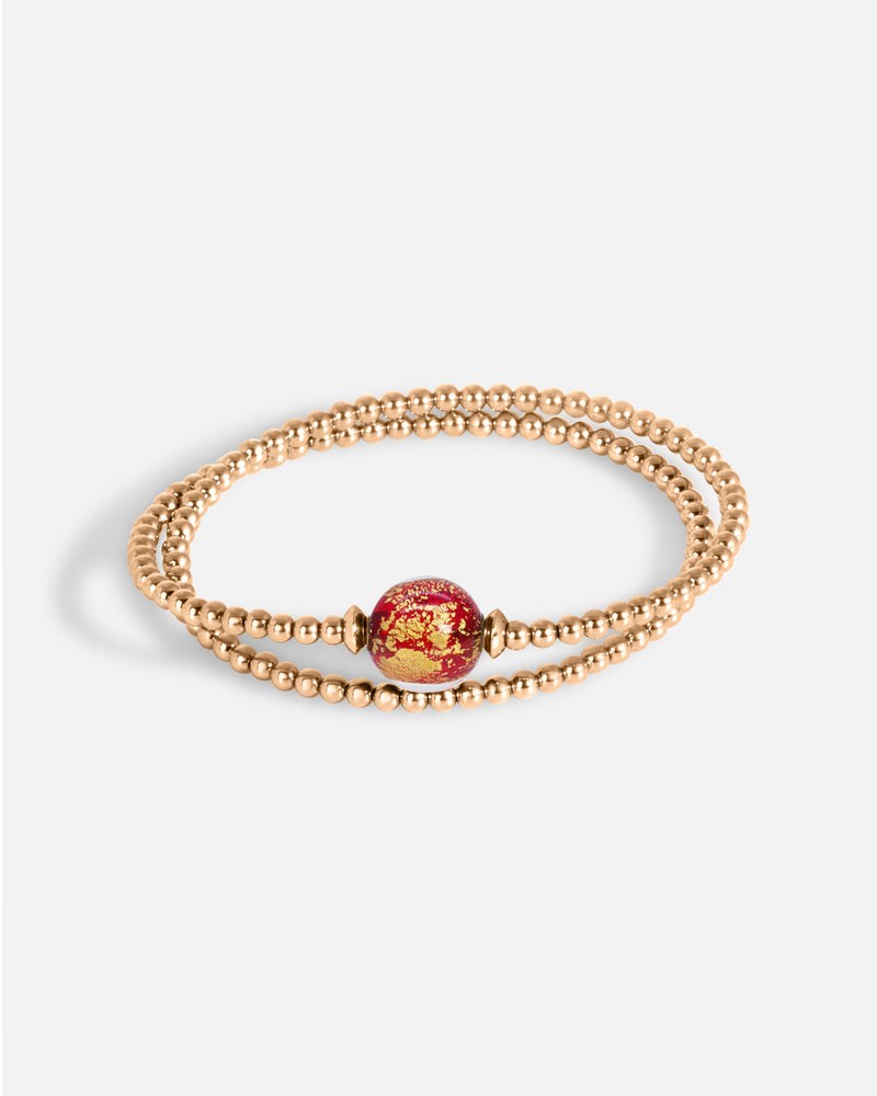 Liliflo_bijoux modulables swiss made_bracelet tango en double tour_couleur rose avec un Murano Crépuscule de couleur rouge avec feuille d’or