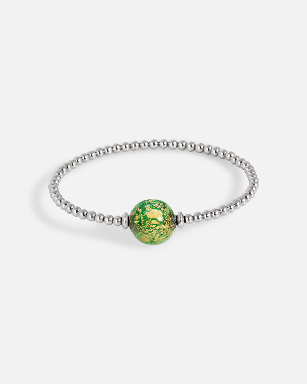 Liliflo_Schmuckbausteine swiss made_Tangoarmband aus Einfache Windung_natürliche Farbe mit einem Murano Boreal in grün mit Blattgold