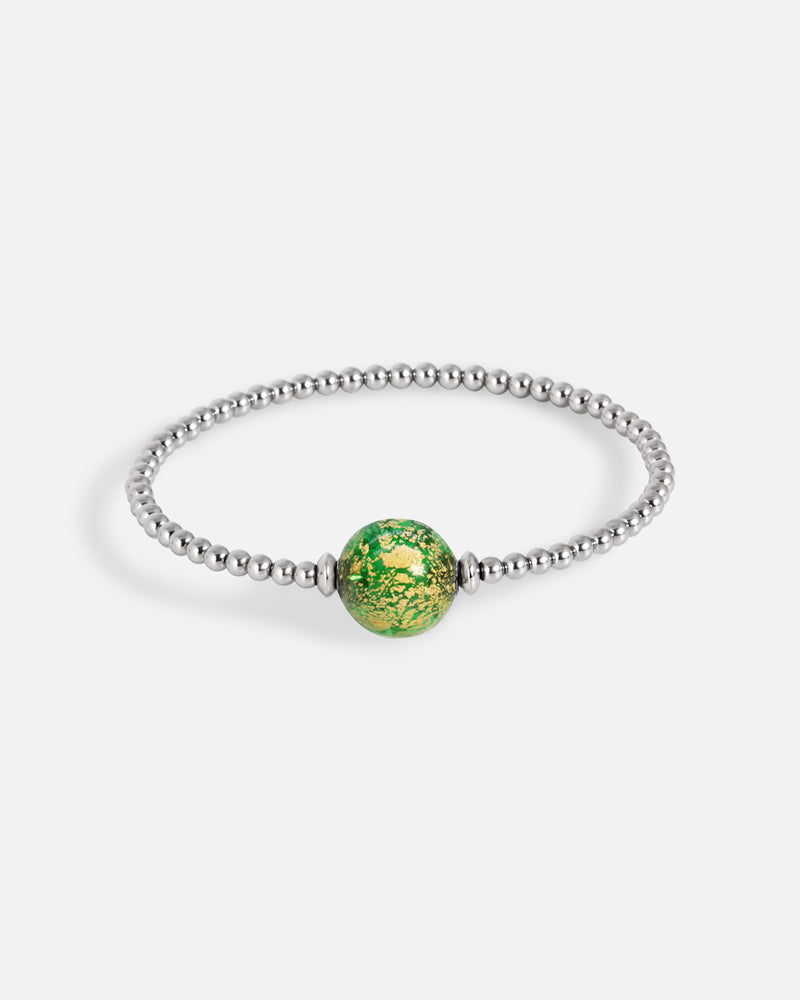 Liliflo_bijoux modulables swiss made_bracelet tango en simple tour_couleur naturel avec un Murano Boréale de couleur vert avec feuille d’or