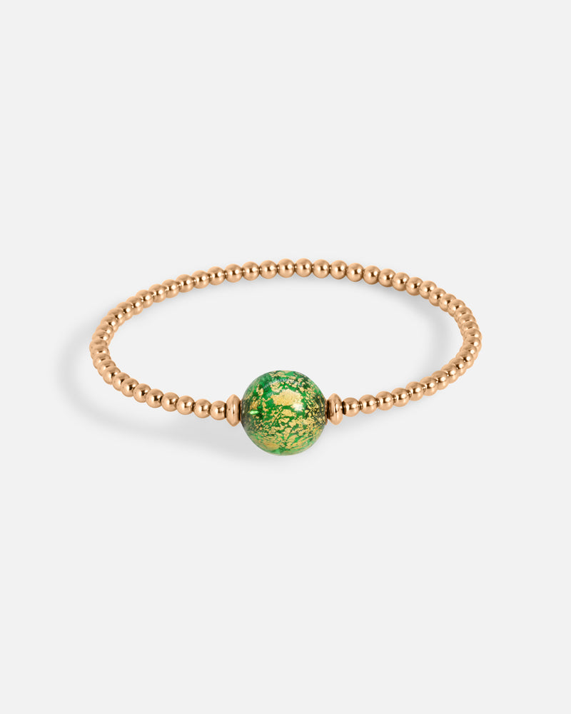 Liliflo_bijoux modulables swiss made_bracelet tango en simple tour_couleur rose avec un Murano Boréale de couleur vert avec feuille d’or