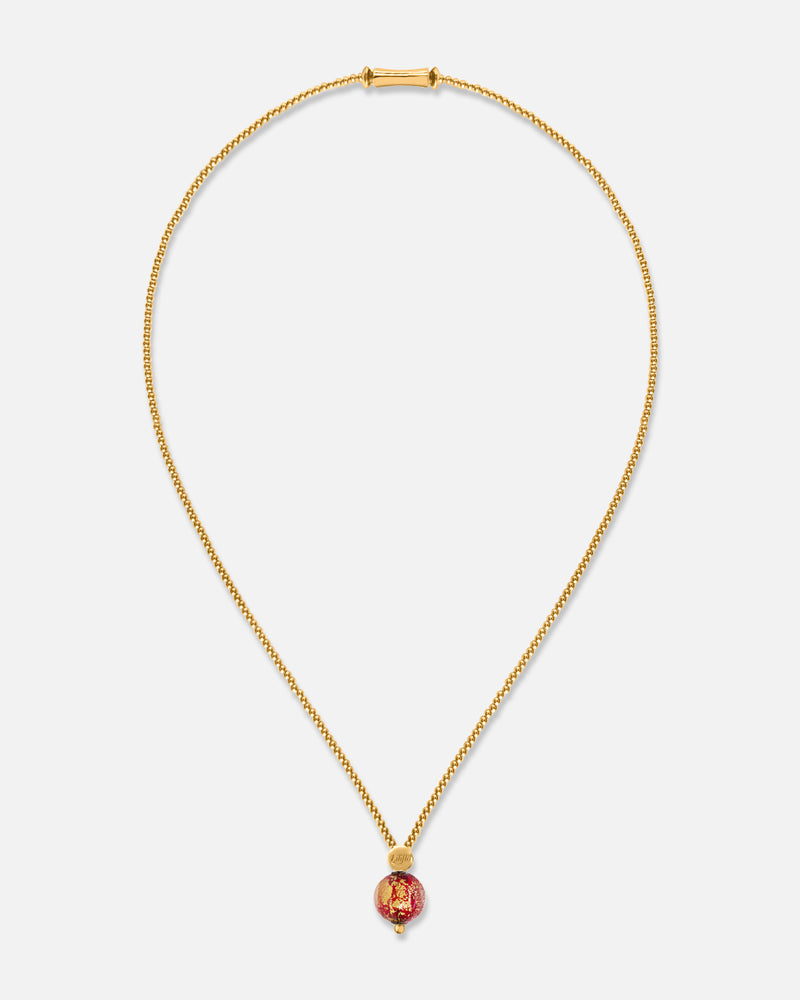 Liliflo_Schmuckbausteine swiss made_Halskette Milonga_Farbe Gelbgold mit einem Murano-Dämmerungsstein in Rot mit Blattgold