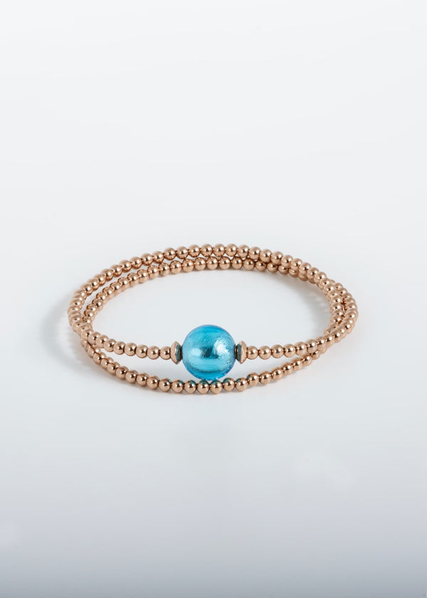 Liliflo, marque de bijoux interchangeable Suisse : Bracelet Tango double tour en couleur or rose - Verre de Murano Aqua