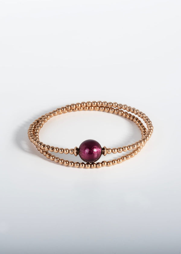 Liliflo, marque de bijoux interchangeable Suisse : Bracelet Tango double tour en couleur or rose - Verre de Murano Pourpre