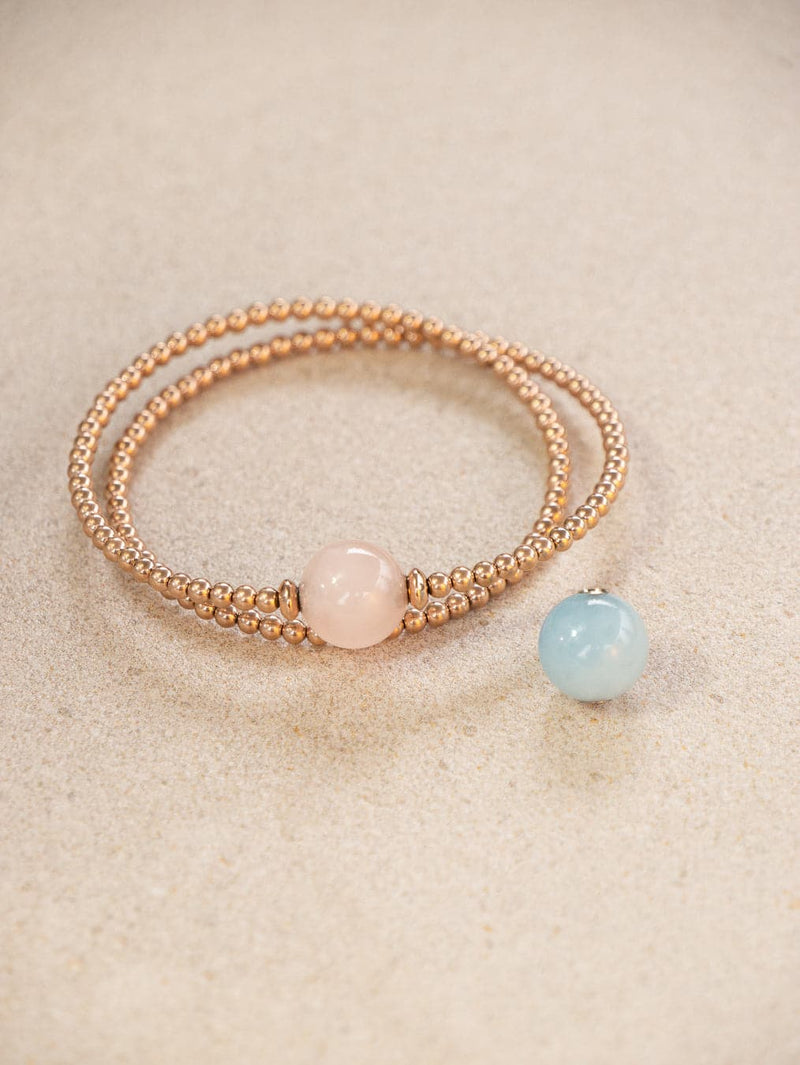 Coffret bracelet modulable Tango Double de couleur or rose avec des pierres semi-précieuses Quartz rose et Aigue-marine